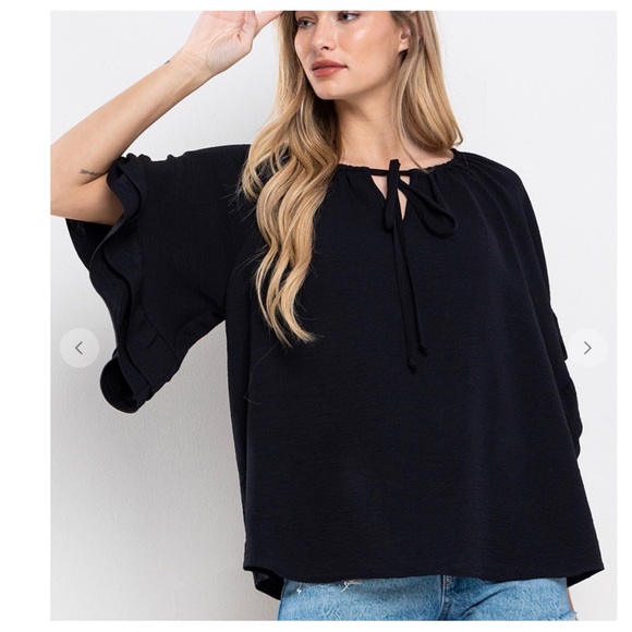 13 Boho Solid Key Hole Tie Flared Top - Picture 4 of 5